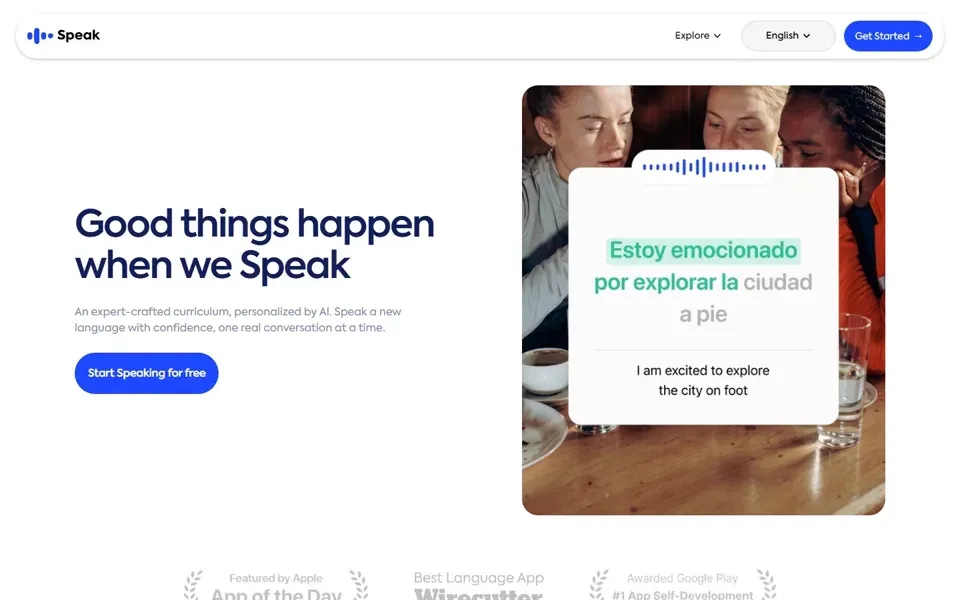 Speak homepage